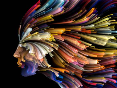 Yüz renk serisi. İnsan profili ve yaratıcılık, tasarım, iç dünya, içgüdü ve sanatsal ruh konusunda boya hareketli renkli çizgiler soyut tasarım yapılmış