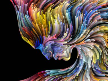 Yüz renk serisi. Zemin insan profili ve yaratıcılık, tasarım, iç dünya, içgüdü ve sanatsal ruh konusunda boya hareketli renkli çizgiler