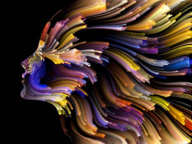 Yüz renk serisi. Zemin insan profili ve yaratıcılık, tasarım, iç dünya, içgüdü ve sanatsal ruh konusunda boya hareketli renkli çizgiler