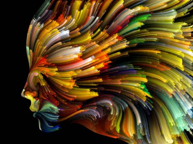 Yüz renk serisi. Zemin insan profili ve yaratıcılık, tasarım, iç dünya, insan doğası ve sanatsal ruhu projelerinde kullanmak için boya hareketli renkli çizgiler oluşur