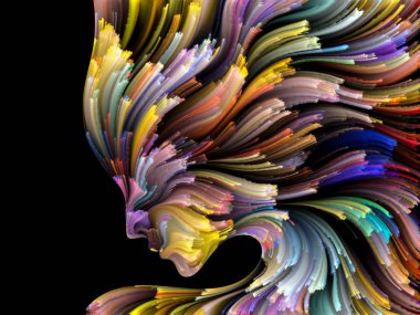 Yüz renk serisi. İnsan profili ve yaratıcılık, tasarım, iç dünya, içgüdü ve sanatsal ruhu boya mecazi ilişki ile hareketli renkli çizgiler bileşimi