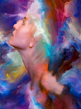 İç dış serisi. Duygular, duygular, iç dünya, yaratıcılık ve hayal gücü konusunda canlı boya ile soyut tasarım kadın portresi yapılan erimiş