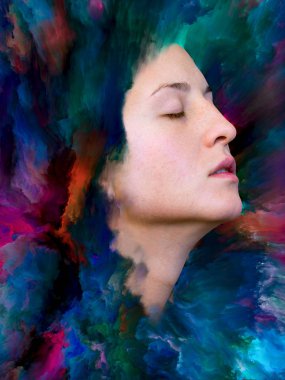 İç dış serisi. Mecazi ilişki duygular, duygular, iç dünya, yaratıcılık ve hayal gücü ile canlı boya ile kadın portre bileşimi erimiş