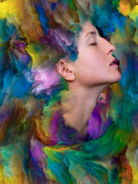 Dış serinin içinde. Duygular, duygular, iç dünya, yaratıcılık ve hayal gücü konularında bir metafor olarak kadın portresinin canlı resimlerle kaynaşmış yaratıcı düzenlemesi.