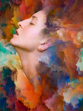 Dünya serisi. Duygular, duygular, iç dünya, yaratıcılık ve hayal gücü üzerine projeler için uygun bir zemin olarak canlı boyayla kaynaştırılmış kadın portresinin bileşimi