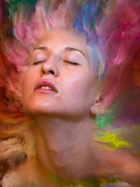 Dünya serisi. Duygular, duygular, iç dünya, yaratıcılık ve hayal gücü üzerine çalışmalar için kadın portresinin canlı boya ile kaynaşmış görsel olarak memnun edici bileşimi