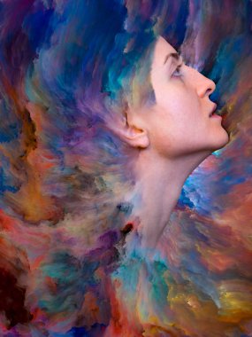 Onun Dünya serisi. Duygular, duygular, iç dünya, yaratıcılık ve hayal gücü projelerde kullanmak için canlı boya ile kadın portresi oluşan zemin erimiş