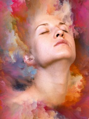 Dünya serisi. Kadın portresinin arka plan tasarımı duygular, duygular, iç dünya, yaratıcılık ve hayal gücü üzerine canlı boyalar ile kaynaştırılmış.