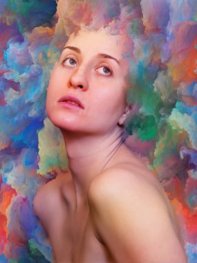 İç dış serisi. Duygular, duygular, iç dünya, yaratıcılık ve hayal gücü konusunda canlı boya ile soyut tasarım kadın portresi yapılan erimiş