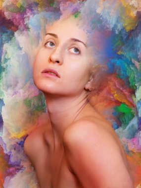 İç dış serisi. Duygular, duygular, iç dünya, yaratıcılık ve hayal gücü konusunda canlı boya ile soyut tasarım kadın portresi yapılan erimiş