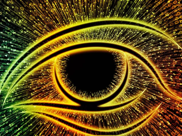 Bilgi serisi gözü. Görsel olarak inşaat üstünde bilim, eğitim ve modern teknoloji için göz simgesini ve ok patlama bileşimi hoş