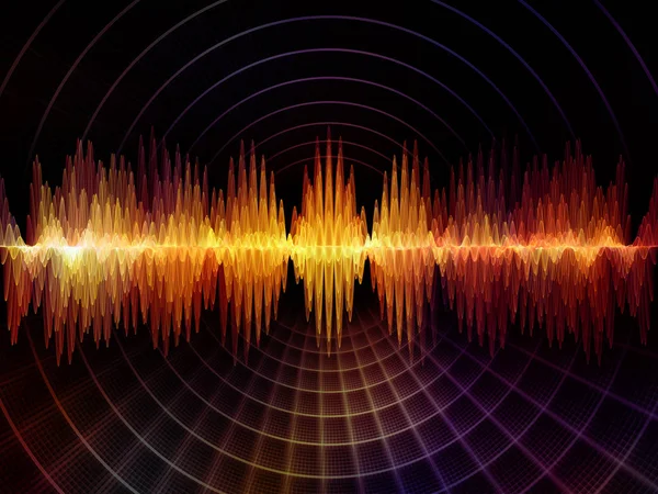 波函数系列 彩色正弦振动 光和分形元素与声均衡器 音乐谱和量子概率的隐喻关系的构成 — 图库照片
