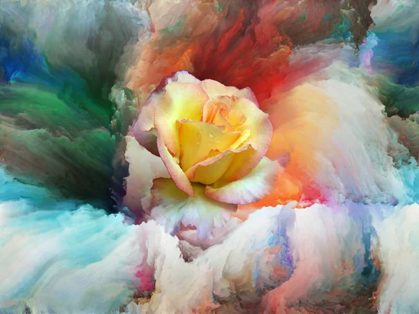 Blooming rose in swirl of colorful paint as backdrop for subject of art, creativity and imagination. Custom background series.