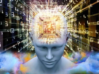 Zihin İşlemcisi serisi. Yapay zeka, akıl, kitle iletişim araçları ve modern teknoloji üzerine çalışmalar için CPU perspektifinde insan kafasının 3 boyutlu çizimi