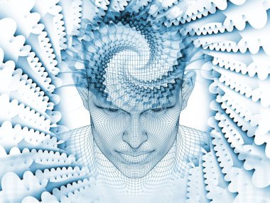 3D render - zihin alan serisi. Tel kafes insan modeli ve fraktal patters yapay zeka, bilim ve teknoloji konusunda başkanı düzenlenmesi