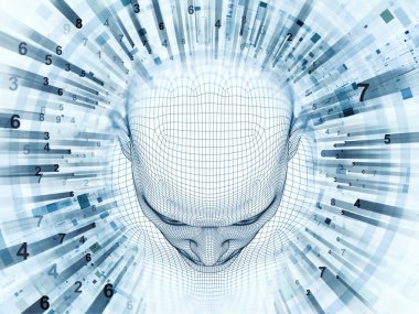 3D render - zihin alan serisi. Tel kafes insan modeli ve fraktal patters uygun yapay zeka, bilim ve teknoloji ile ilgili projelerde başkanı soyut kompozisyon