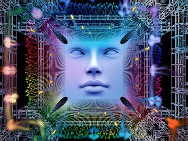 Yapay zeka serisi. İnsan yüzü ve bilgisayar öğeleri süper insan AI, bilgisayar bilinç ve teknoloji konusunda 3d çizimi yapılmış soyut tasarım