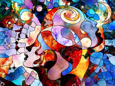 Lekeli Glass Forever serisi. Kadın ve erkek kafaları, evrenin bilim, içsel gerçeklik ve yaşamın bütünlüğü ile ilgili renkli desenleri ve sembolleriyle yukarı bakıyorlar..