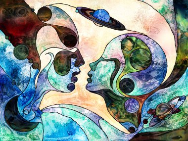 Vitray sonsuza dek serisi. Gezegen yörüngeleri ile insan profilleri arasında aşk, ilişki ve dünya dışı iletişim konusunda organik desenleri ile çizilmiş.