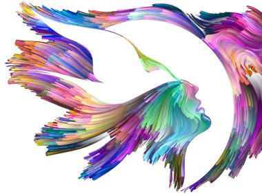 Kuş zihin serisi. Yaratıcılık, hayal gücü, Maneviyat ve sanat projelerde kullanılmak üzere renkli boya ile yürütülen kadın ve kuş profil arka plan yapılmış