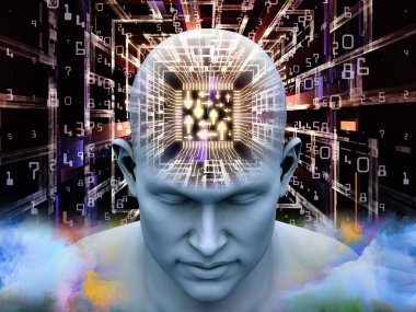 Zihin İşlemcisi serisi. Yapay zeka, akıl, kitle iletişim araçları ve modern teknoloji konusuna bakış açısıyla insan kafasının 3 boyutlu çizimi