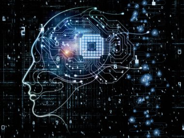CPU zihin serisi. Bilgisayar bilimi, yapay zeka ve iletişim projeler için insan yüzü siluet ve teknoloji sembollerin soyut kompozisyon