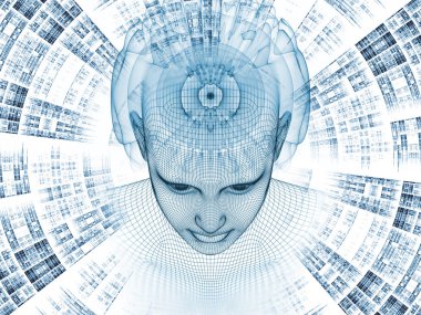 3D render - zihin alan serisi. Arka plan tasarım başkanı tel kafes yapay zeka, bilim ve teknoloji konusunda insan modeli ve fraktal patters