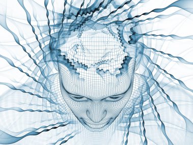 3D render - zihin alan serisi. Tel kafes insan modeli ve fraktal patters yapay zeka, bilim ve teknoloji konusunda başkanı düzenlenmesi