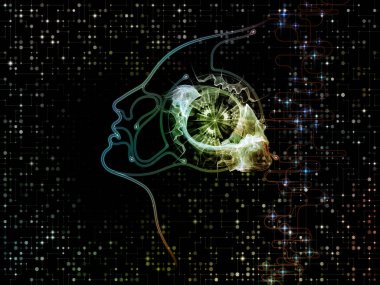 Dijital zihin serisi. Fon, bilgisayar bilimi, yapay zeka ve iletişim konusunda insan yüzü ve teknoloji sembol siluet