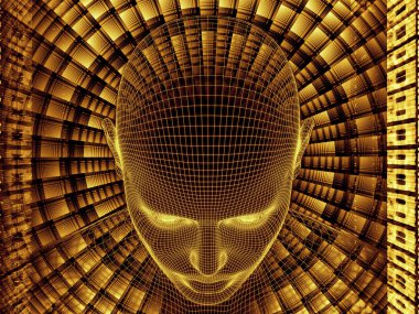 Zihin serisi yayılıyor. Çelik hasır modeli projeler insan aklı, yapay zeka ve sanal gerçeklik için insan baş ve fraktal desen kompozisyonu