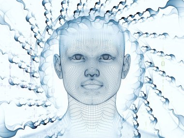 3D Rendering - Mind Field series. Artistic abstraction composed of head of wire mesh human model and fractal patters on the subject artificial intelligence, science and technology