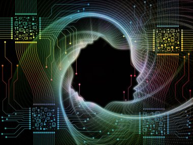 CPU zihin serisi. Interplay bilgisayar bilimi, yapay zeka ve iletişim konusunda insan yüzü siluet ve teknoloji sembollerin