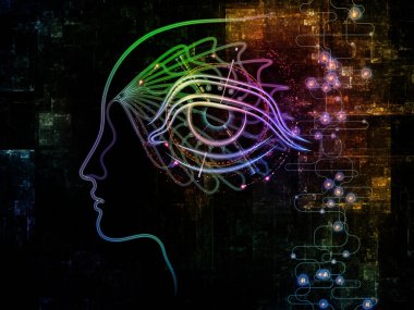 Dijital zihin serisi. Grafik tasarımlar bilgisayar bilimi, yapay zeka ve iletişim için insan yüzü ve teknoloji sembol siluet bileşimi