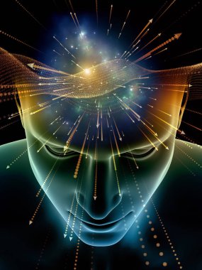 Zihin dizi elemanları. insan kafası ve sembolleri bilim, eğitim ve zihin gücü konusunda teknolojinin 3D çizimi