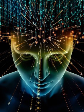 Zihin dizi elemanları. insan kafası ve sembolleri bilim, eğitim ve zihin gücü konusunda teknolojinin 3D çizimi