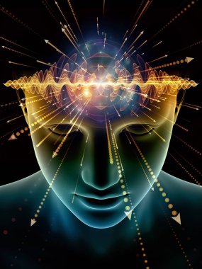 Zihin dizi elemanları. insan kafası ve sembolleri bilim, eğitim ve zihin gücü konusunda teknolojinin 3D çizimi