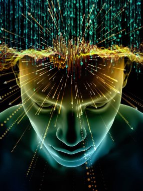 Zihin dizi elemanları. insan kafası ve sembolleri bilim, eğitim ve zihin gücü konusunda teknolojinin 3D çizimi