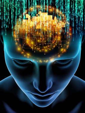 Zihin dizi elemanları. insan kafası ve sembolleri bilim, eğitim ve zihin gücü konusunda teknolojinin 3D çizimi