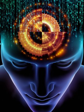 Zihin dizi elemanları. insan kafası ve sembolleri bilim, eğitim ve zihin gücü konusunda teknolojinin 3D çizimi