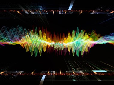 Dalga Fonksiyonu serisi. Ses eşitleyici, müzik spektrumu ve kuantum olasılığının metaforu olarak renkli sinüs titreşimleri, ışık ve fraktal elementlerden oluşan tasarım