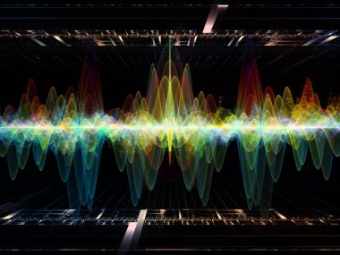 Dalga Fonksiyonu serisi. Ses eşitleyici, müzik spektrumu ve kuantum olasılığının metaforu olarak renkli sinüs titreşimleri, ışık ve fraktal elementlerden oluşan tasarım