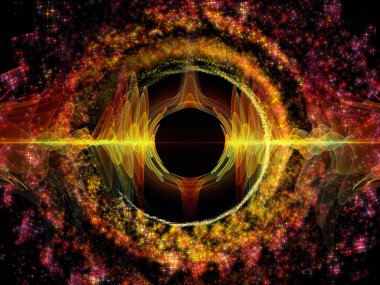 Dalga Fonksiyonu serisi. Ses eşitleyici, müzik spektrumu ve kuantum olasılığı konularında renkli sinüs titreşimleri, ışık ve fraktal elementlerin düzenlenmesi