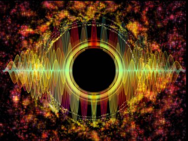 Dalga Fonksiyonu serisi. Ses eşitleyici, müzik spektrumu ve kuantum olasılığı konularında renkli sinüs titreşimleri, ışık ve fraktal elementlerin düzenlenmesi