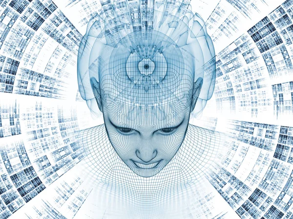 レンダリング 心フィールド シリーズ ワイヤーの頭の背景デザイン メッシュ人工知能 科学技術をテーマに人間モデルとフラクタル パターン — ストック写真
