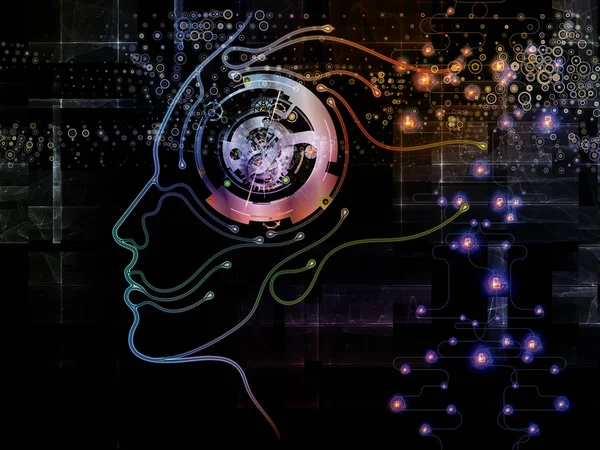 Digital Mind series. Backdrop design of silhouette of human face and technology symbols for illustrations on computer science, artificial intelligence and communications