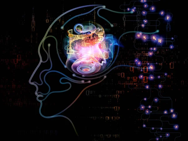 Digital Mind series. Abstract composition of silhouette of human face and technology symbols suitable in projects related to computer science, artificial intelligence and communications