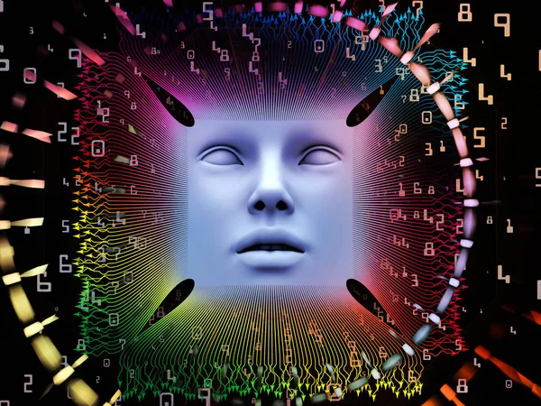 人工智能技术系列 图的人脸和计算机元素作为背景适合超人类人工智能 计算机意识和技术项目的组成 — 图库照片