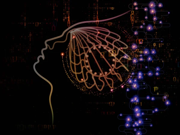 Digital Mind series. Creative arrangement of silhouette of human face and technology symbols for subject of computer science, artificial intelligence and communications