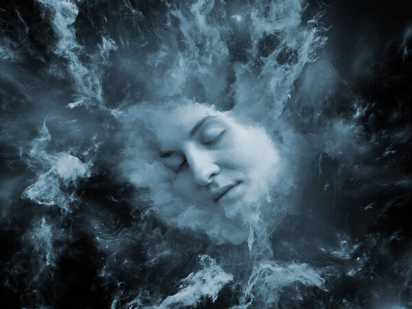 Will Universe Remember Me series. Composition of human face and fractal smoke nebula with metaphorical relationship to human mind, imagination, memory and dreams