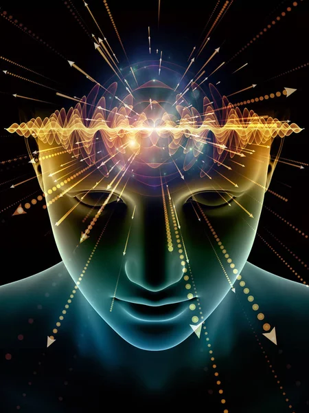 Zihin dizi elemanları. insan kafası ve sembolleri bilim, eğitim ve zihin gücü konusunda teknolojinin 3D çizimi